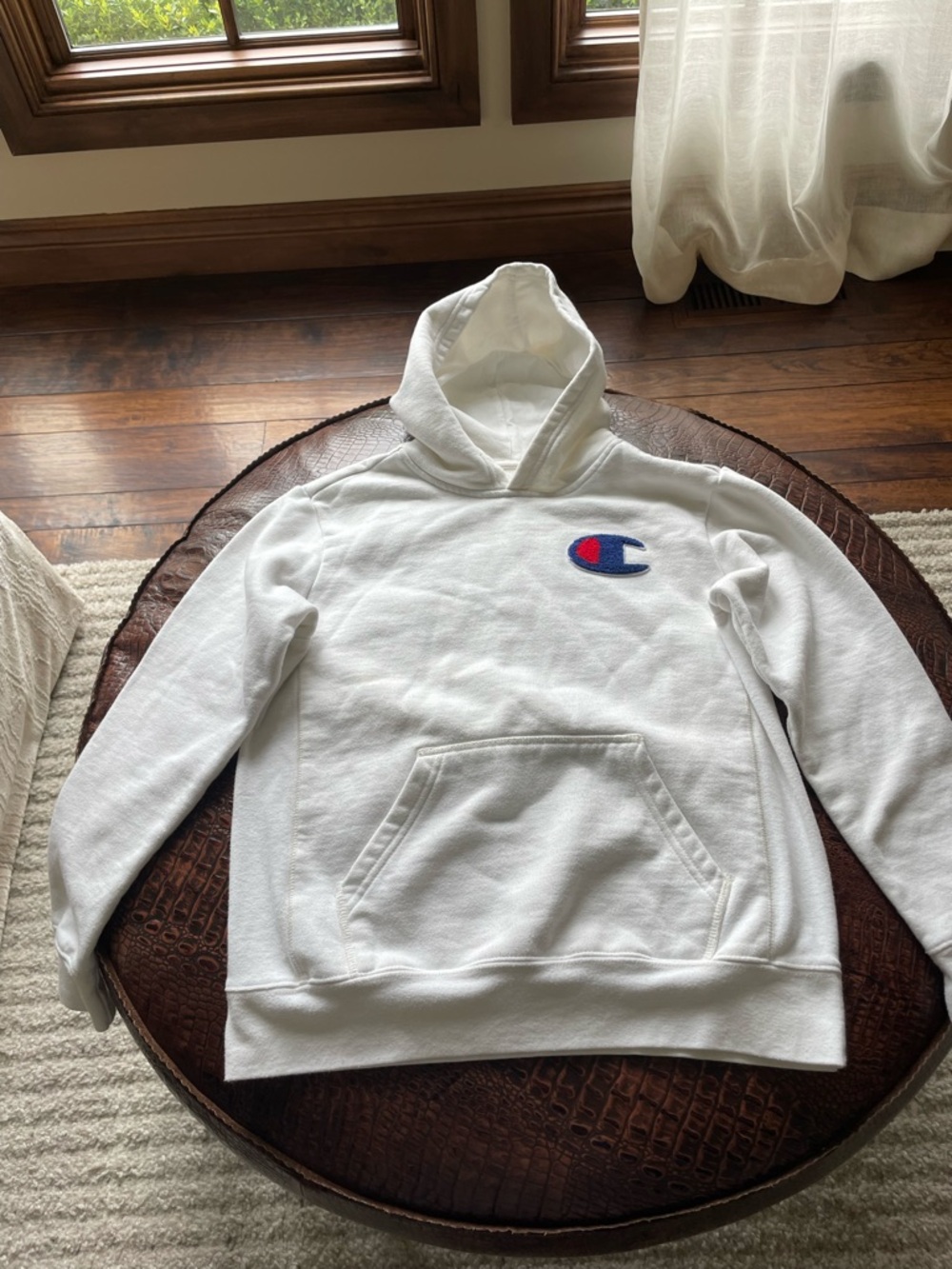 Champion White Hoodie with Blue and Red C Patch